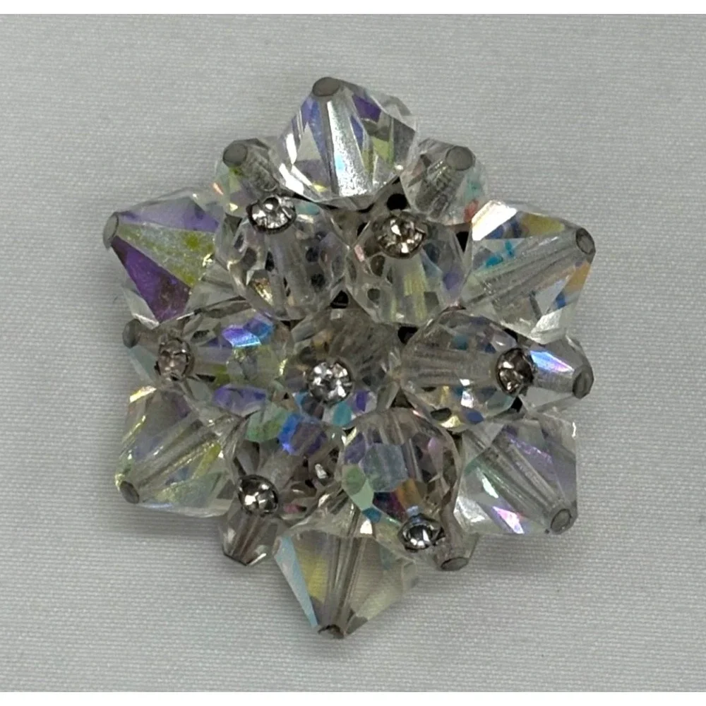 Vintage‎ Aurora Borealis Glass Crystal Beaded Round BROOCH PIN
